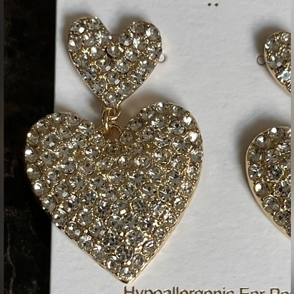 J Crew Women's Gold Plated Heart Earrings Cubic Zirconia Stone Party Prom Dangle